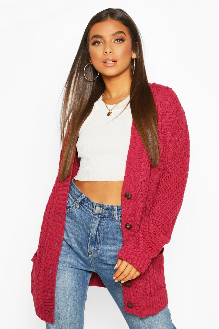 Raspberry Cable Boyfriend Button Up Cardigan image number 1