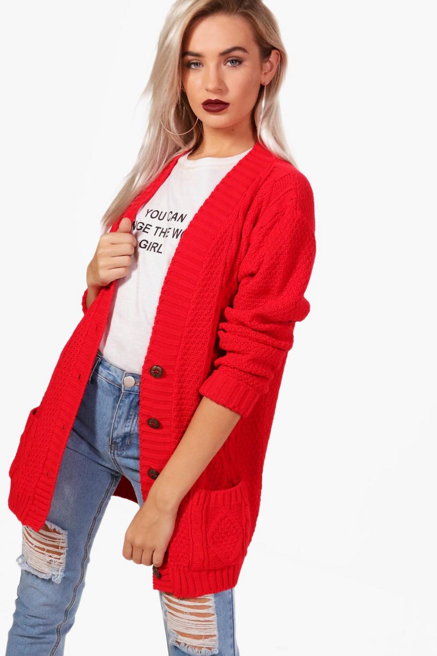 Red Cable Boyfriend Button Up Cardigan image number 1