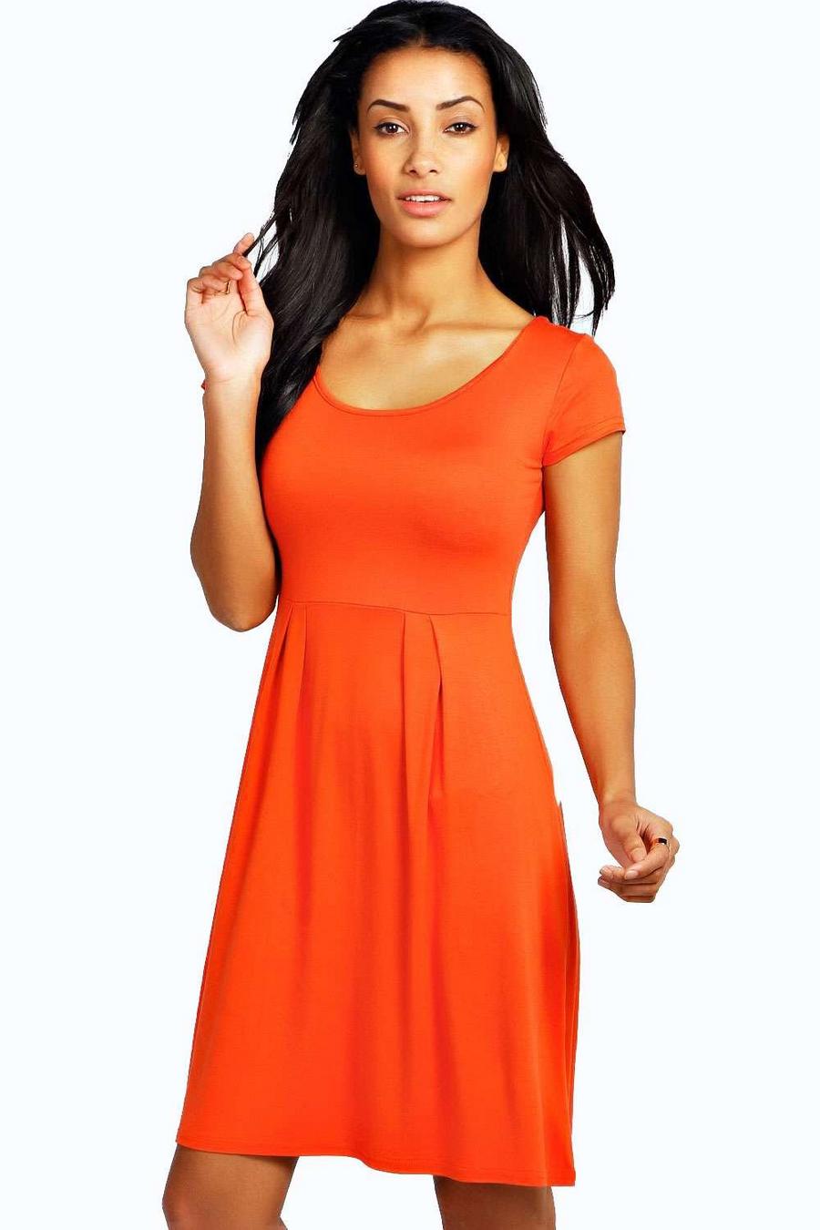 Orange Jersey Knit Cap Sleeve Skater Dress image number 1