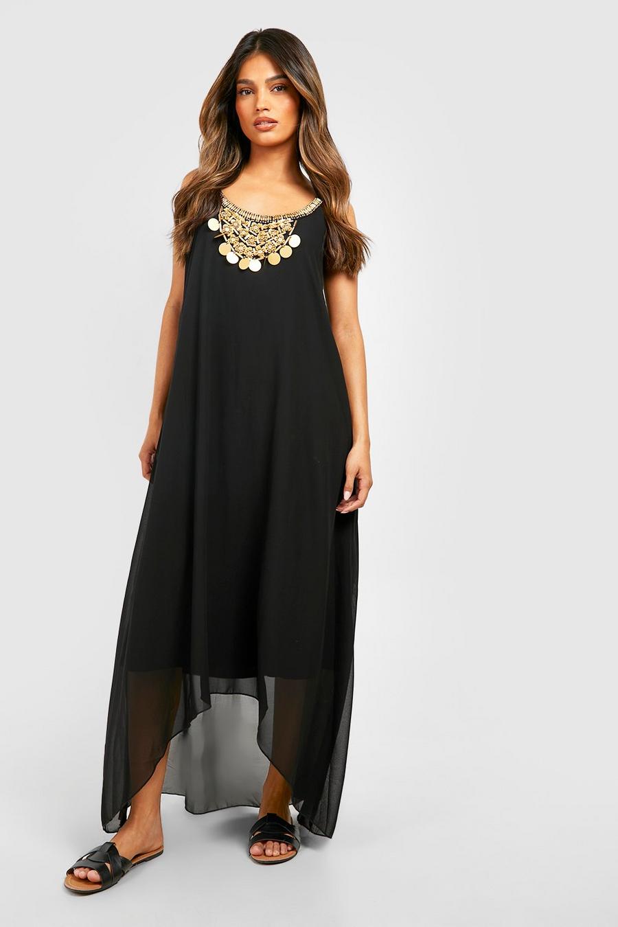 שחור שמלת מקסי עם שרשרת חרוזים בגימור Dip Hem image number 1