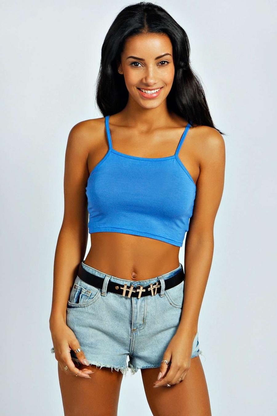Denim-blue Basic Crop top med smala axelband image number 1