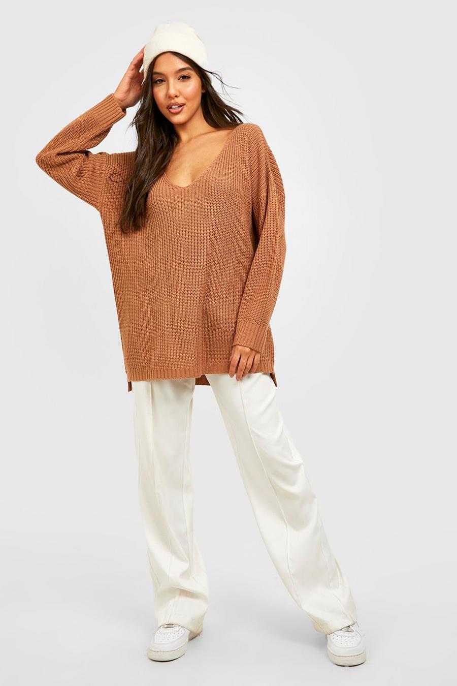 Oversize Pullover mit V-Ausschnitt, Kamelhaarfarben