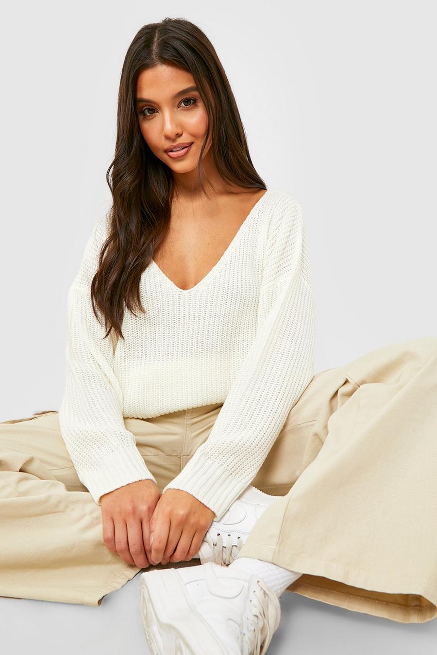 Oversize Pullover mit V-Ausschnitt, Creme blanc