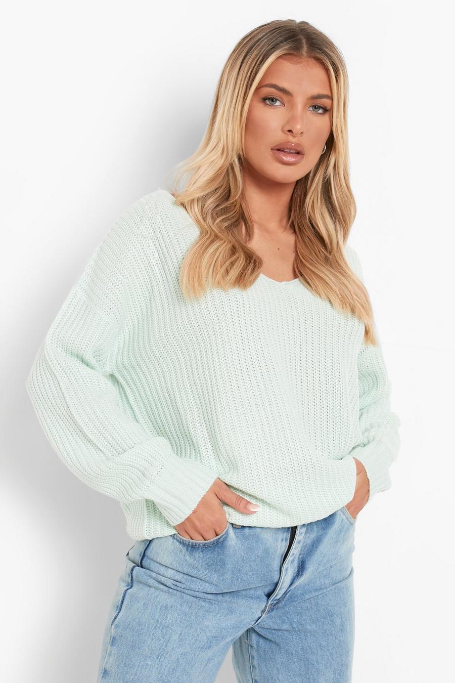 Green Oversized V Neck Sweater