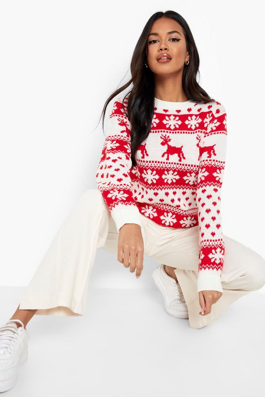 Cream Reindeer & Snowflake Christmas Sweater image number 1