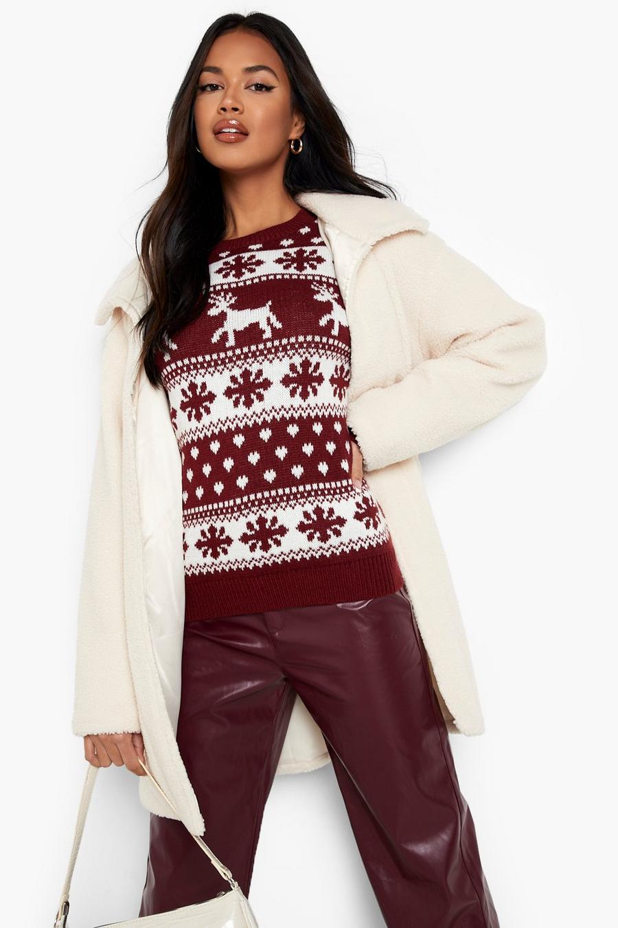 Wine Reindeer & Snowflake Christmas Sweater image number 1