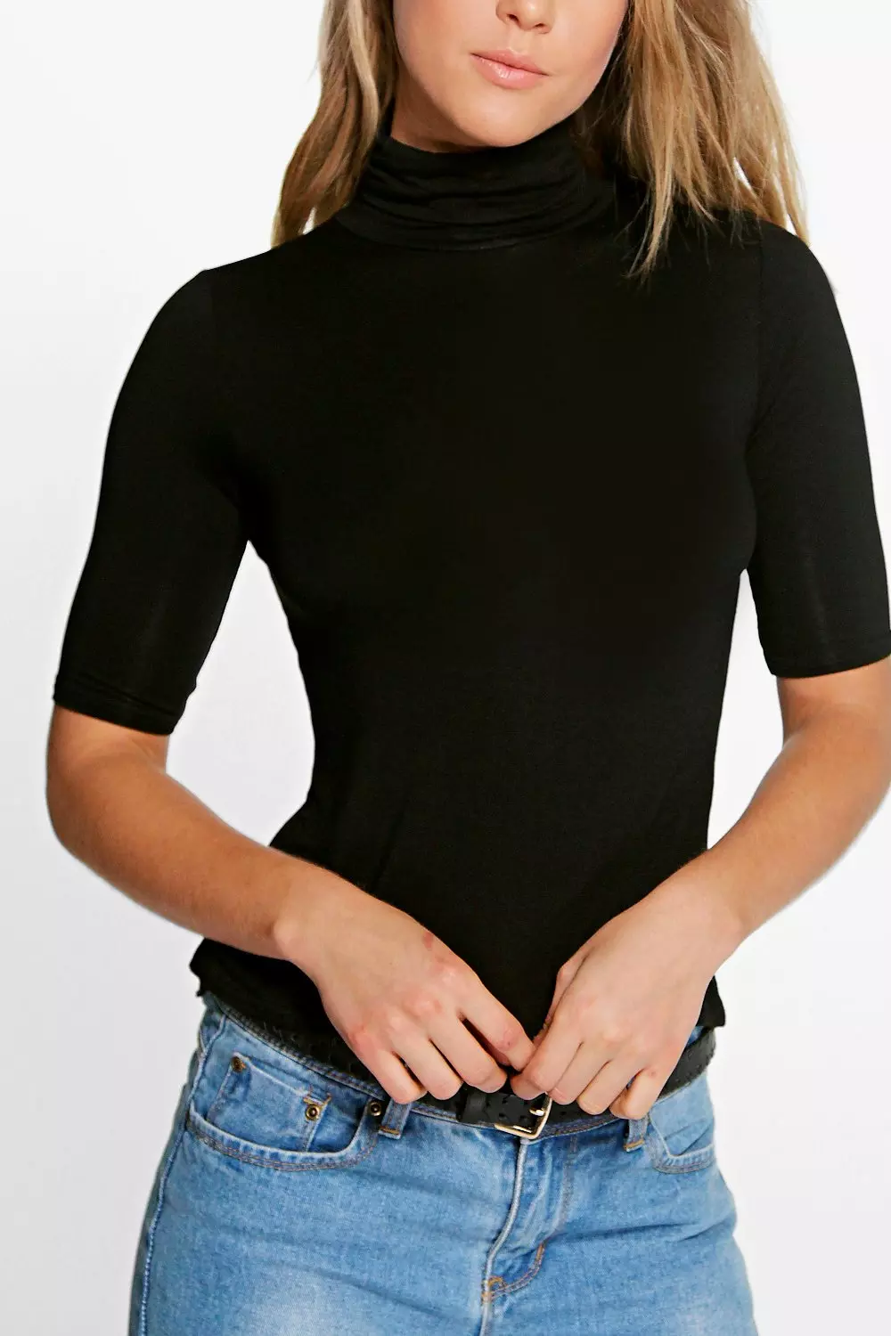 Black short sleeve shop roll neck top