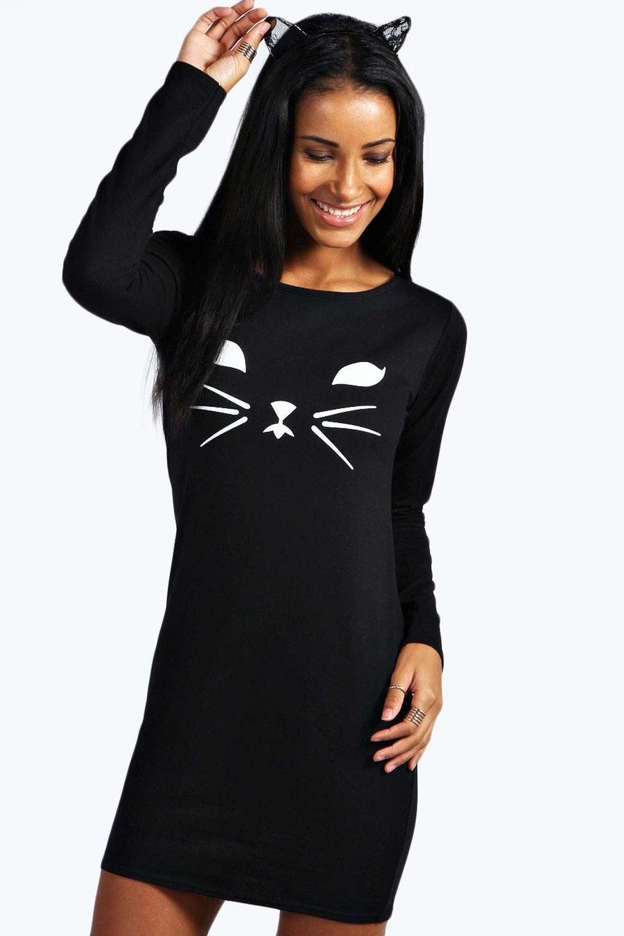 שחור שמלה צמודה עם הדפס פני חתול של האלווין image number 1