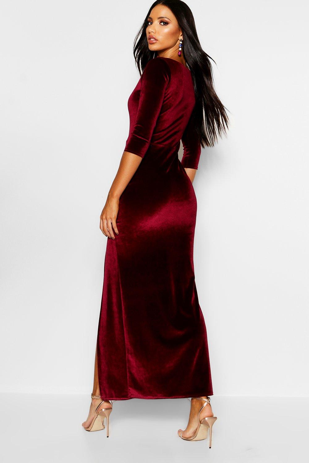 red velvet long sleeve maxi dress
