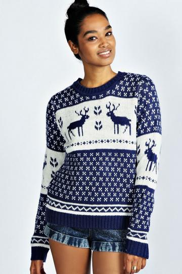 Snowflake And Reindeer Knitted Christmas Sweater blue