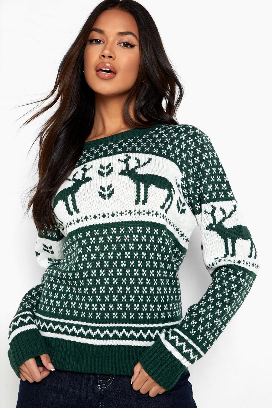 Maglione natalizio in maglia con fiocchi di neve e renne, Verde bottiglia gerde