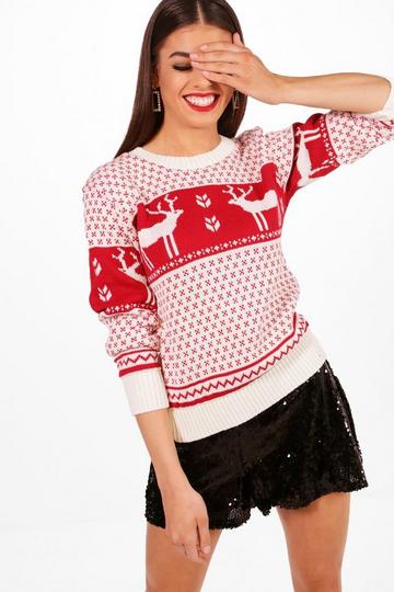 Cream White Snowflake and Reindeer Knitted Christmas Jumper
