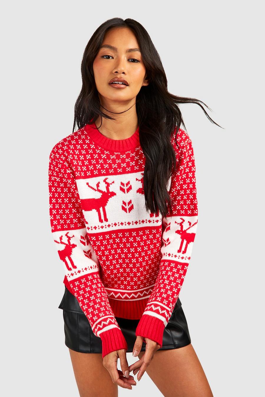 Maglione natalizio in maglia con fiocchi di neve e renne, Rosso image number 1