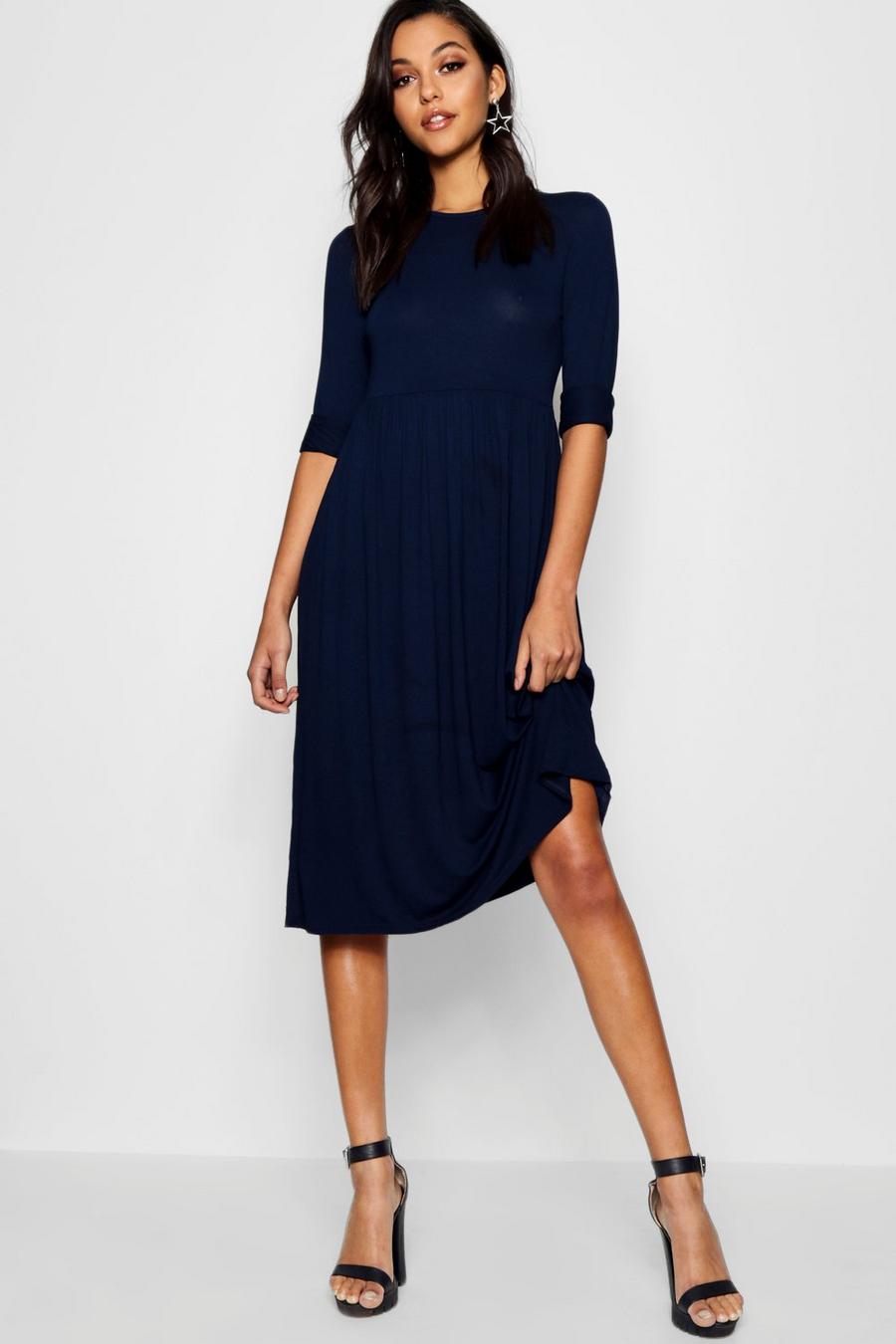 Navy Long Sleeve Midi Dress image number 1