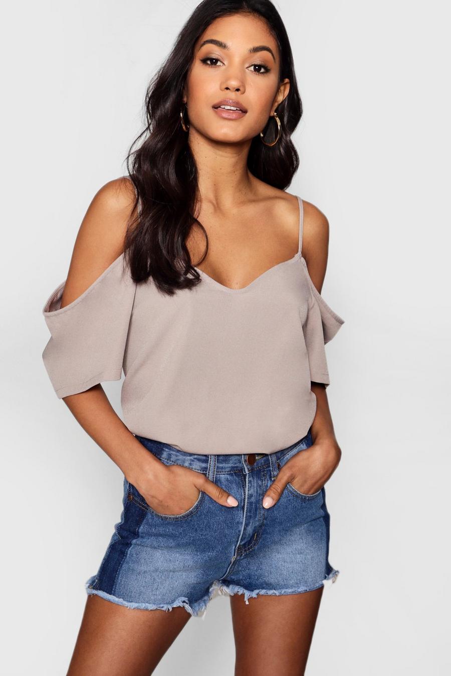 Grey gris Woven Strappy Open Shoulder Top