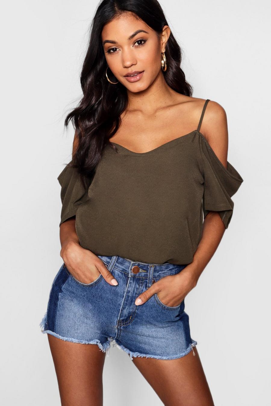 Khaki Woven Strappy Open Shoulder Top image number 1