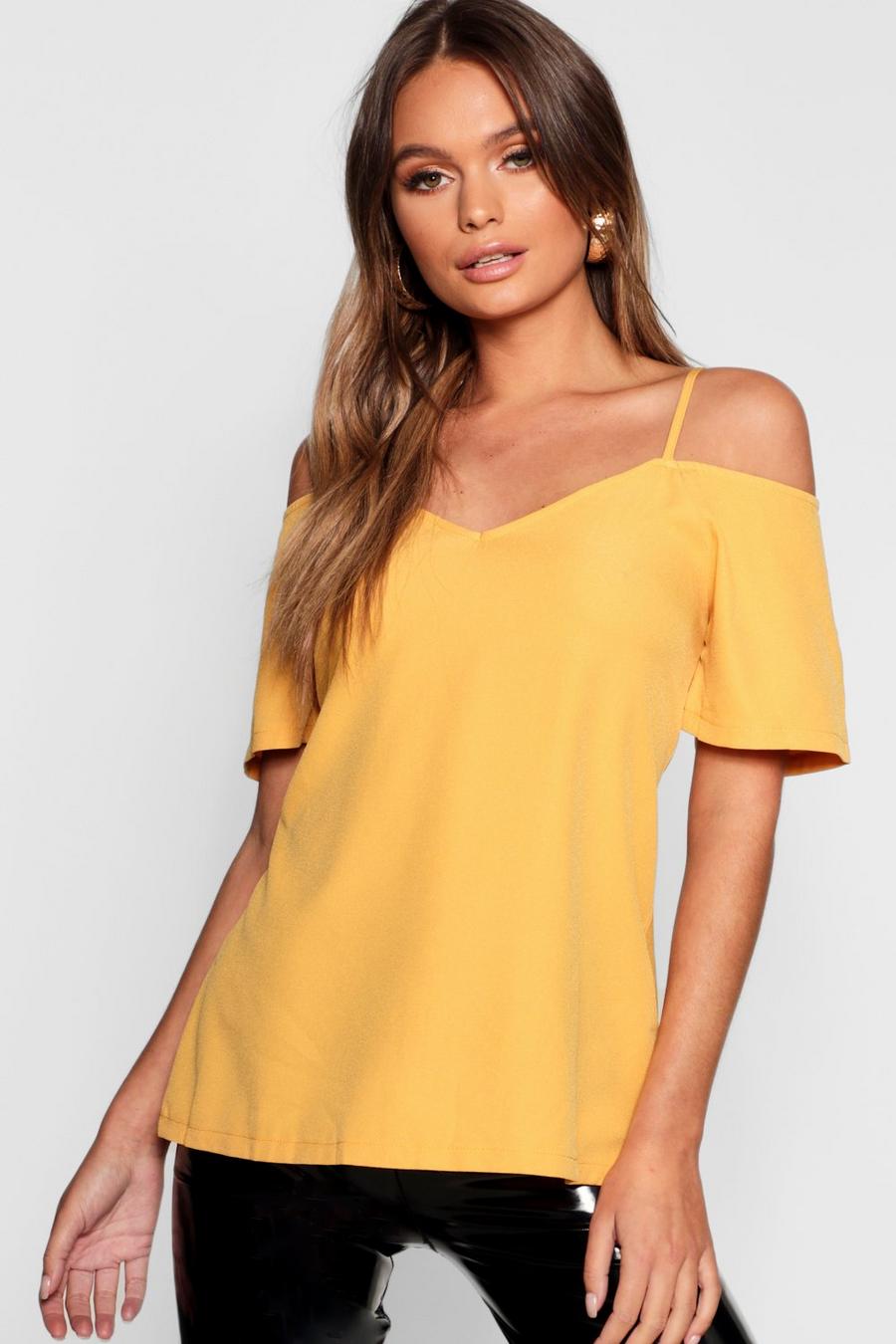 Mustard Woven Strappy Open Shoulder Top image number 1