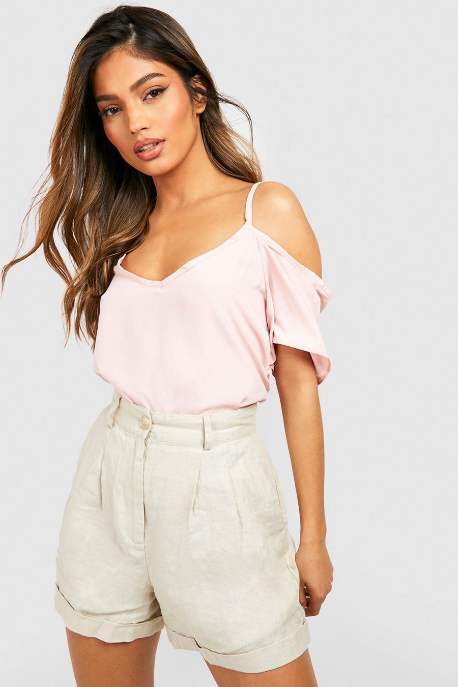 Nude color carne Woven Strappy Open Shoulder Top