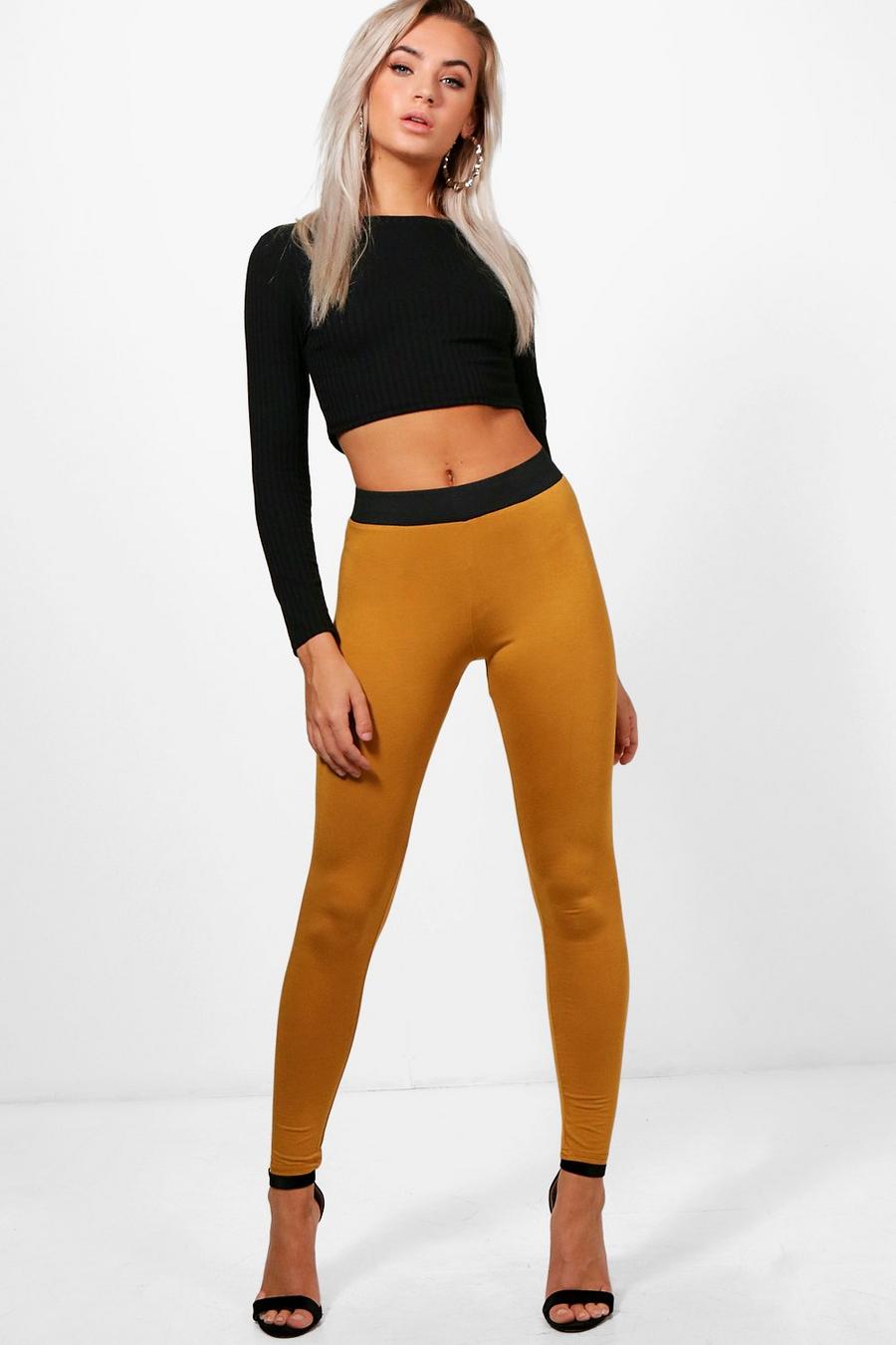 Mosterd Basic Leggings Met Contrasterende Taille Band image number 1