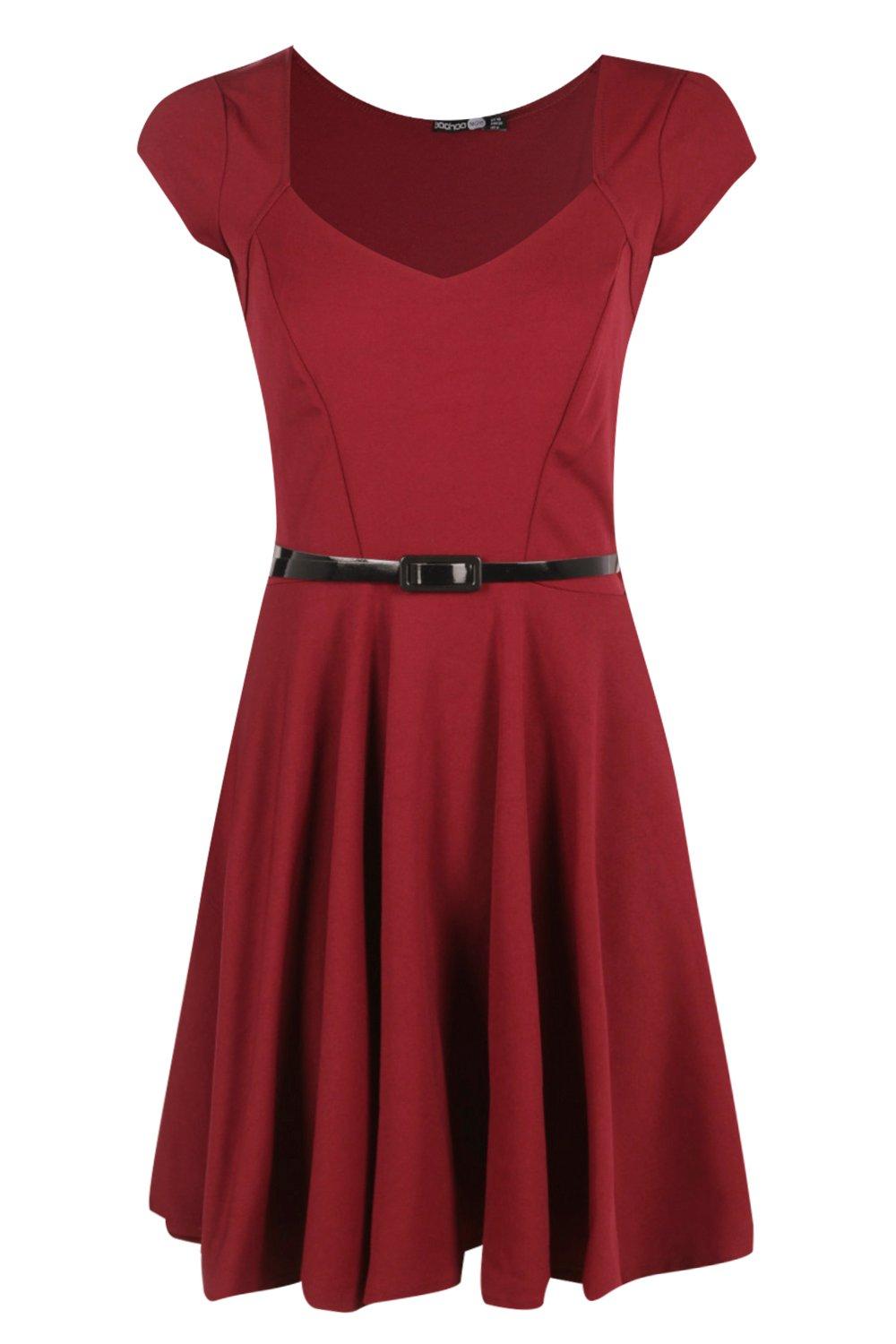 red skater dress with sweetheart neckline