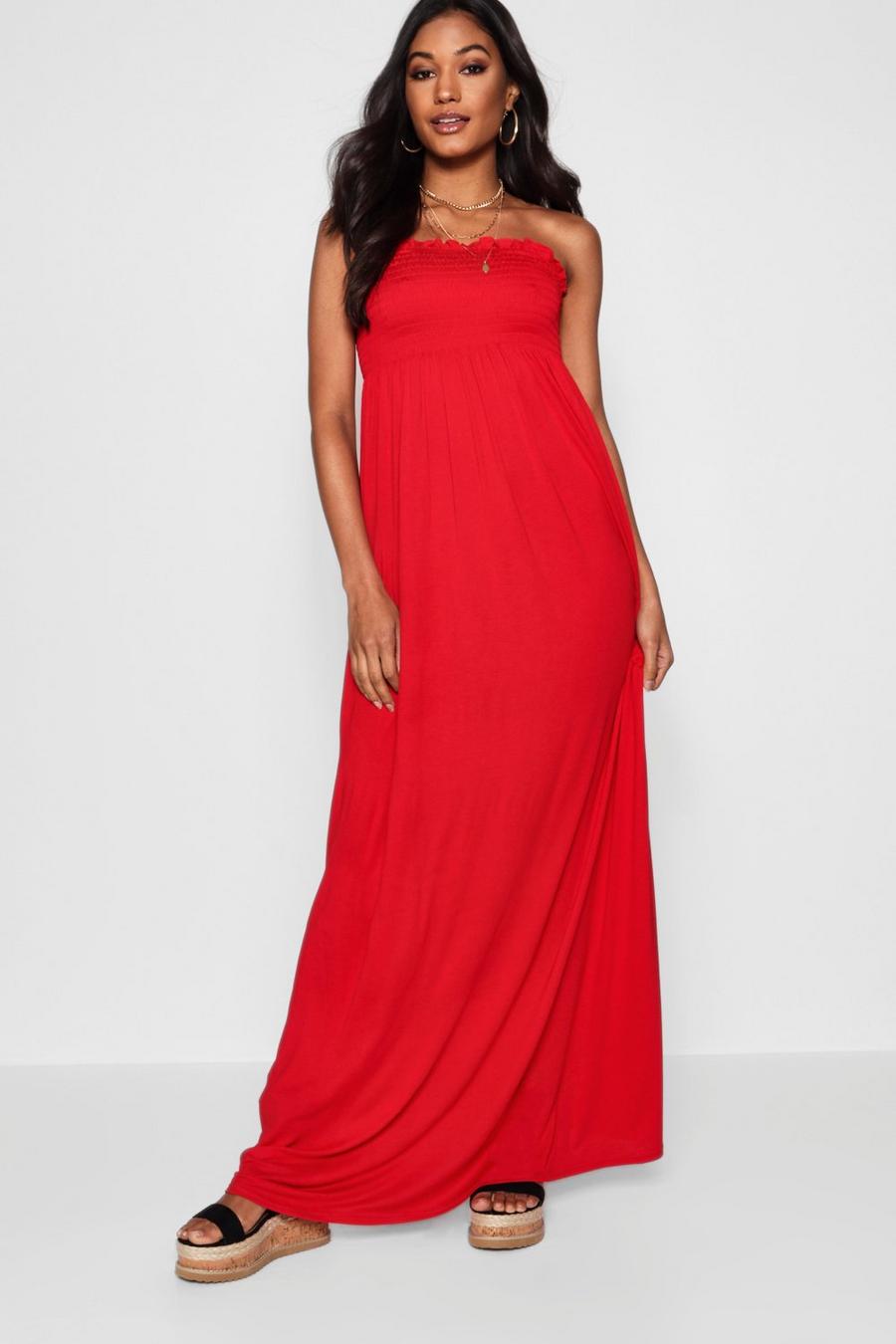 Rood red Gesmokte Strapless Maxi Jurk image number 1
