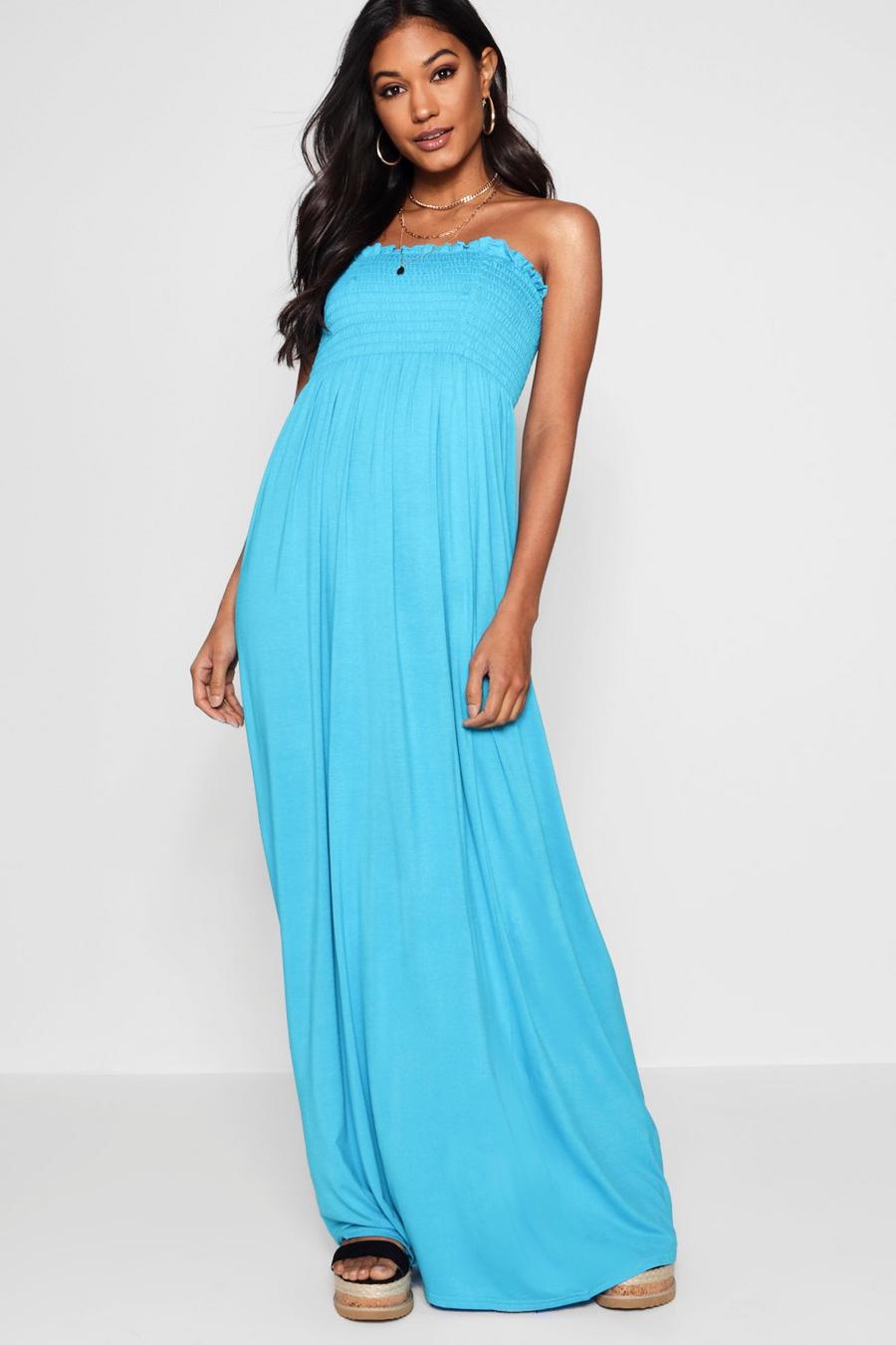 Turquoise Gesmokte Strapless Maxi Jurk image number 1