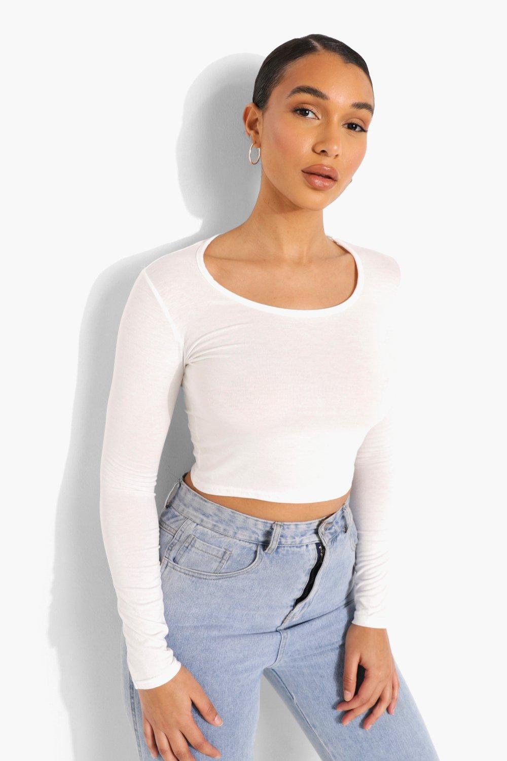 White long sleeve crop tops boohoo US