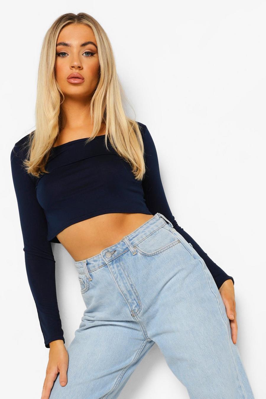 Crop top Basic a maniche lunghe, Navy image number 1