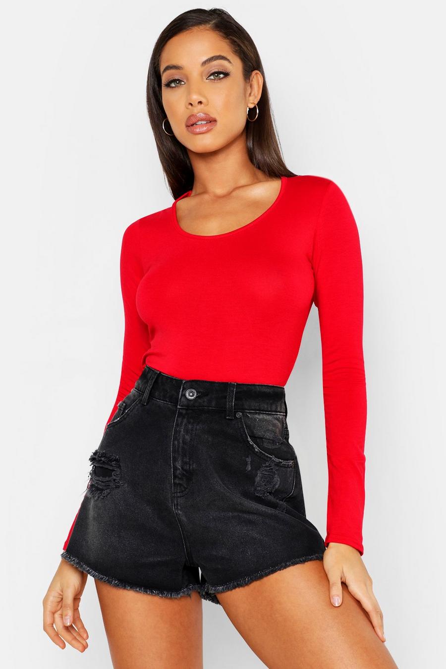 Red Basic Long Sleeve Crop Top image number 1