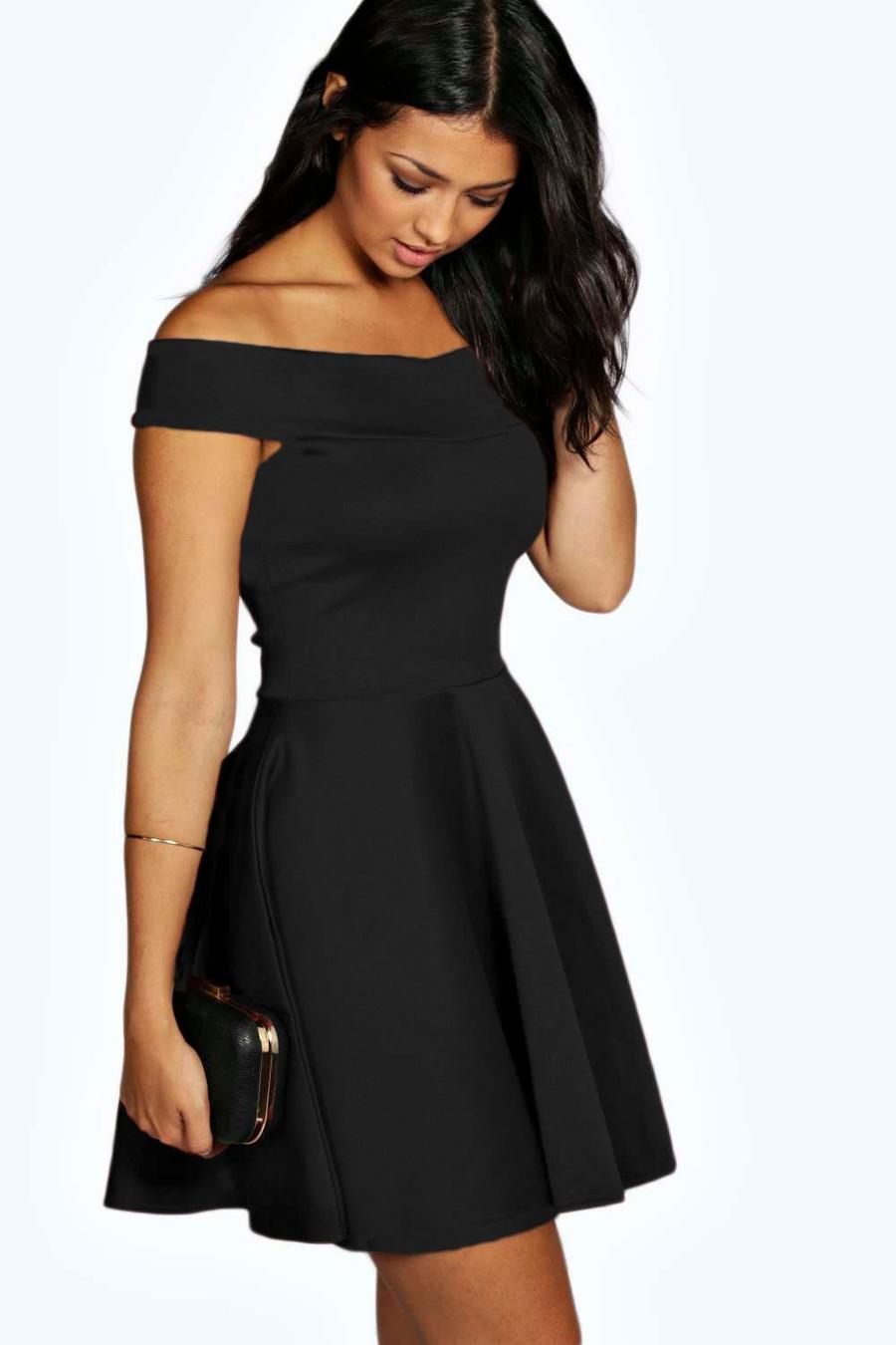 Black שמלת סקייטר עם כתפיים חשופות image number 1