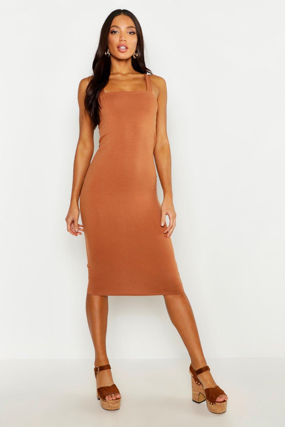 tan bodycon midi dress