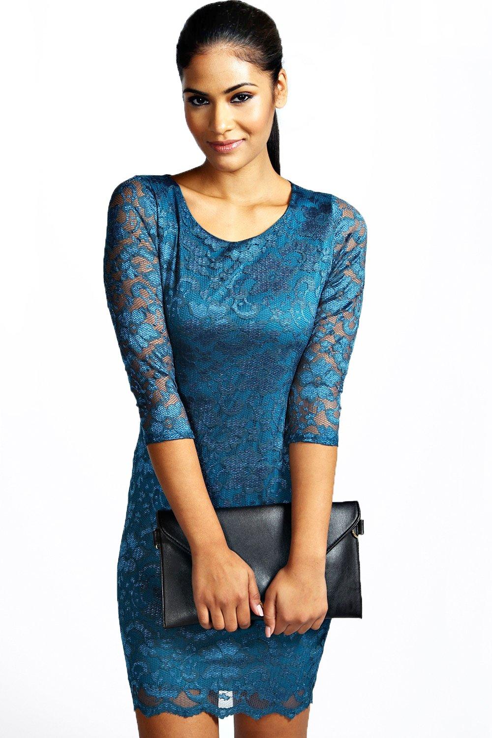 Nina Scallop Detail Open Back Lace Bodycon Dress boohoo