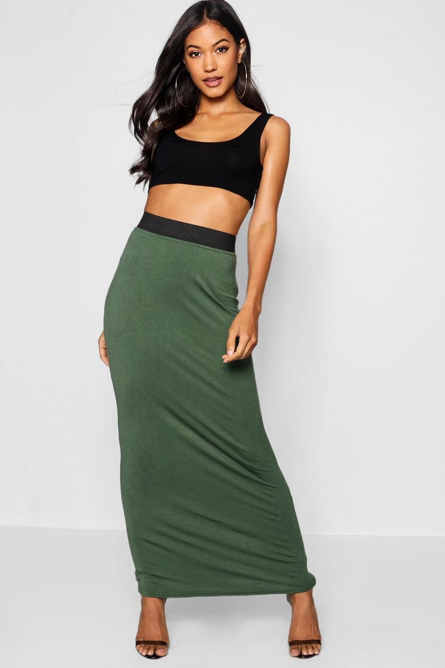 Khaki Jersey Maxi Rok Met Contrasterende Taille image number 1