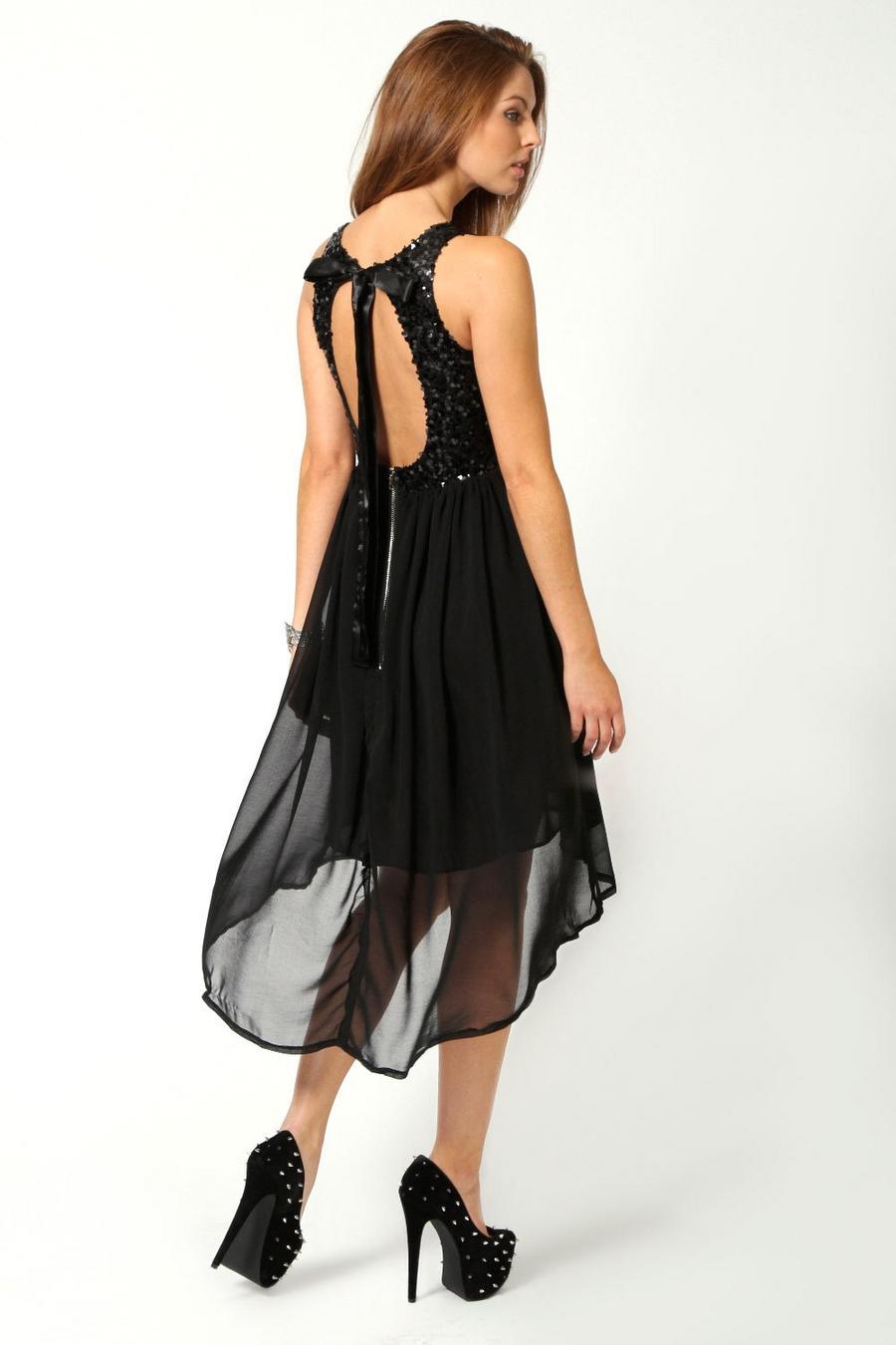 Black Sequin Chiffon Dip Hem Open Back Bridesmaid Dress image number 1