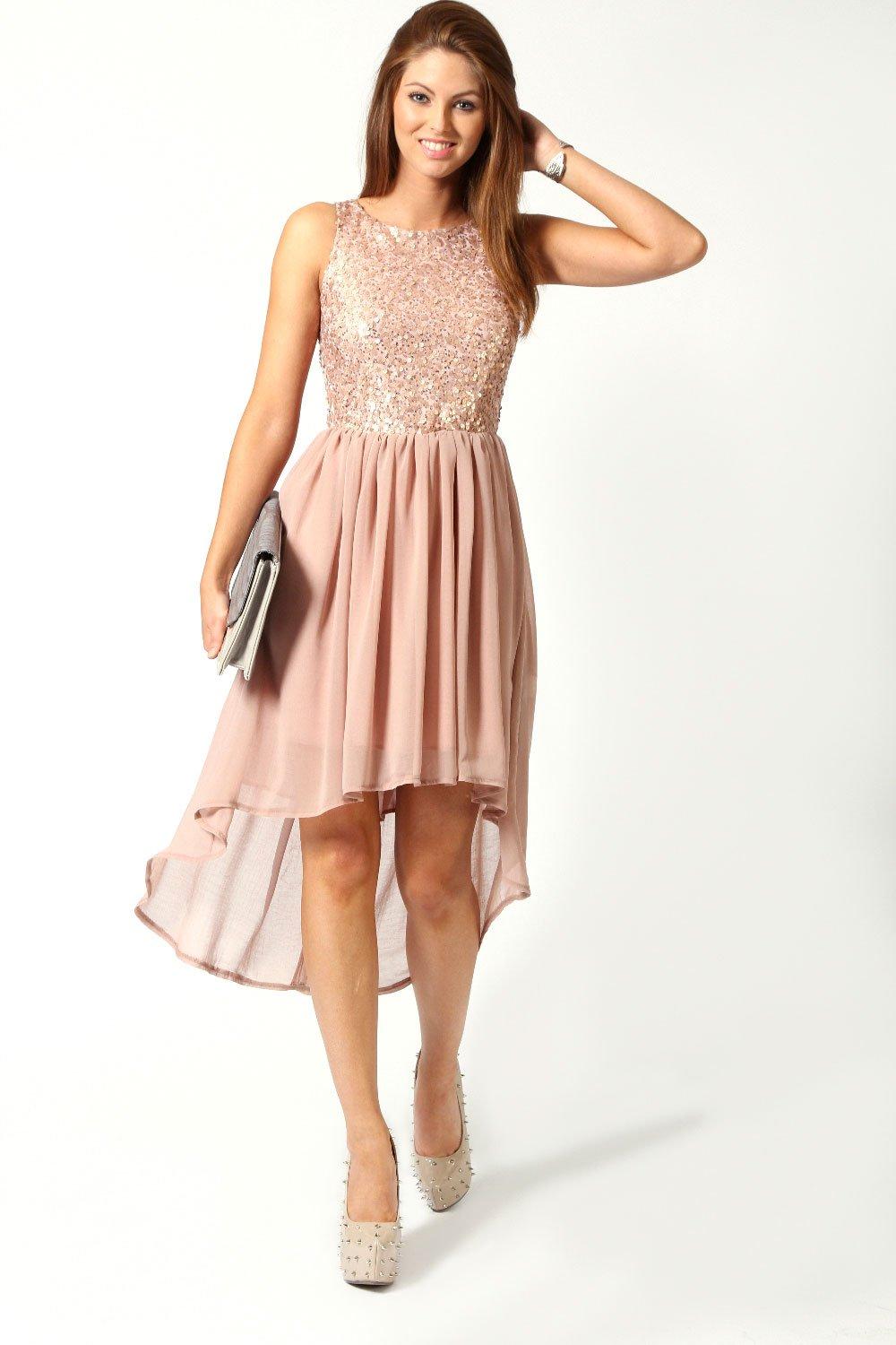 Sequin top open back chiffon dip hem dress sales