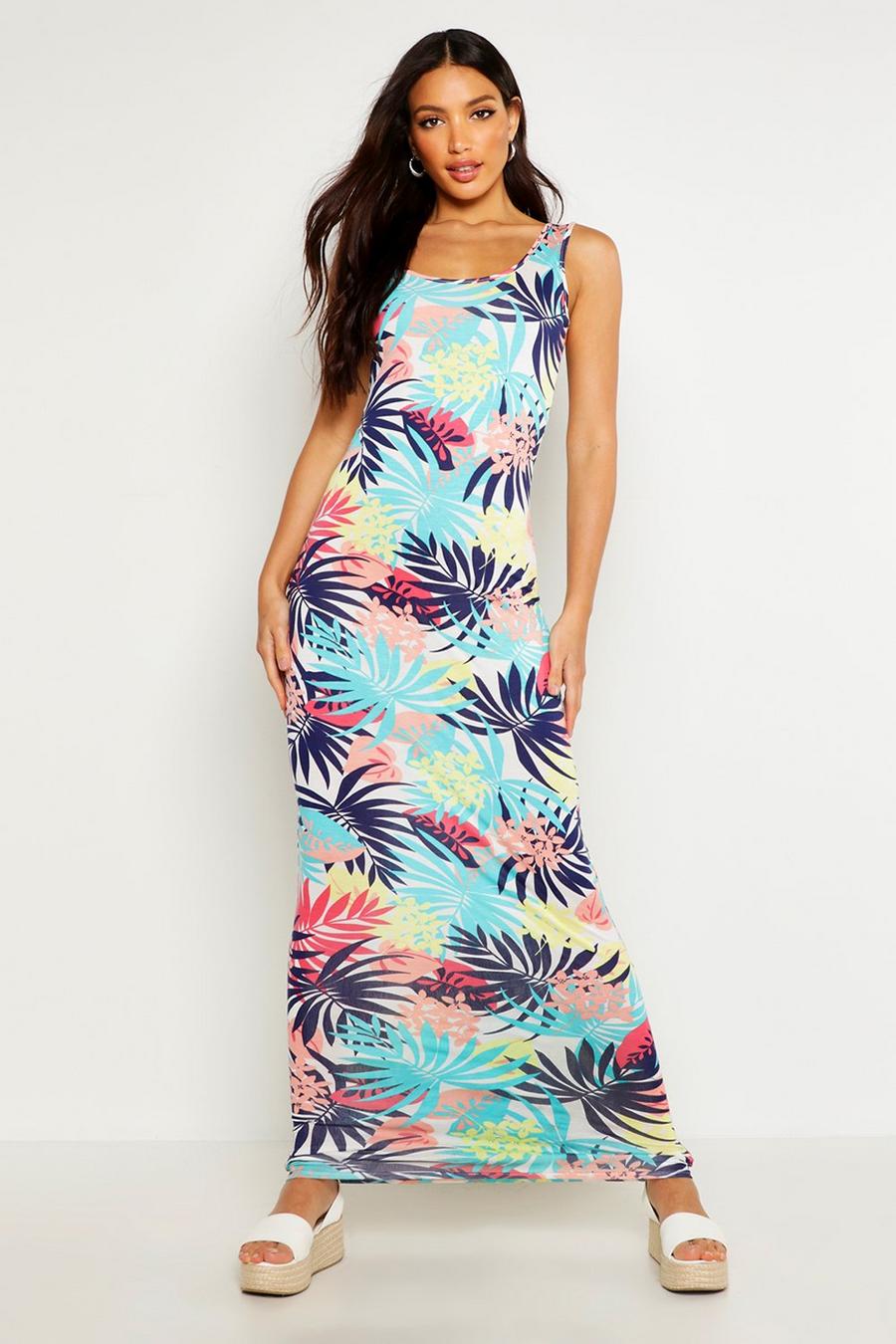 Multi Tropical Print Scoop Neck Maxi Dress
