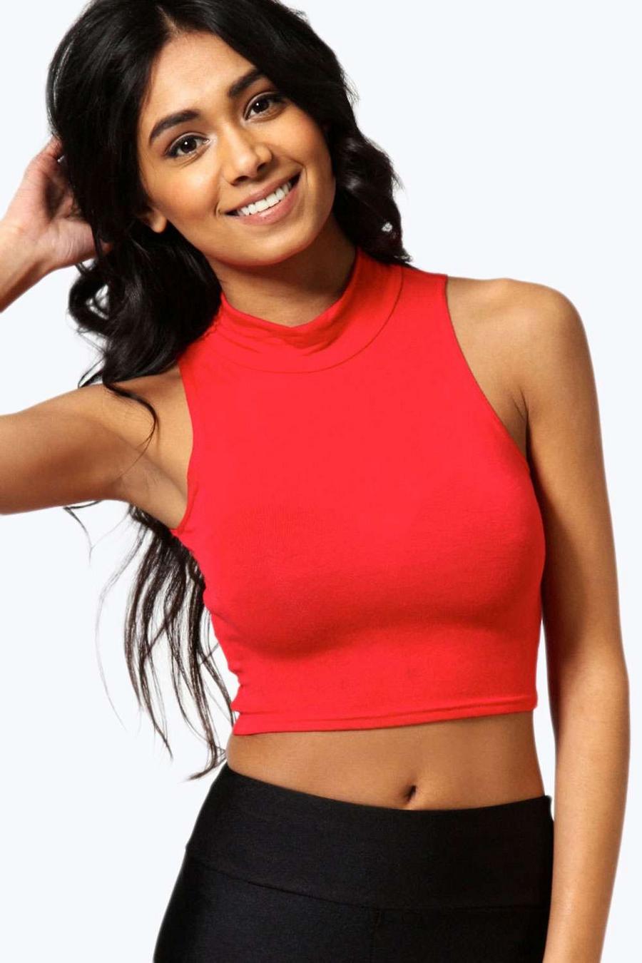 Red Victoria Basic Roll Neck Sleeveless Crop Top image number 1