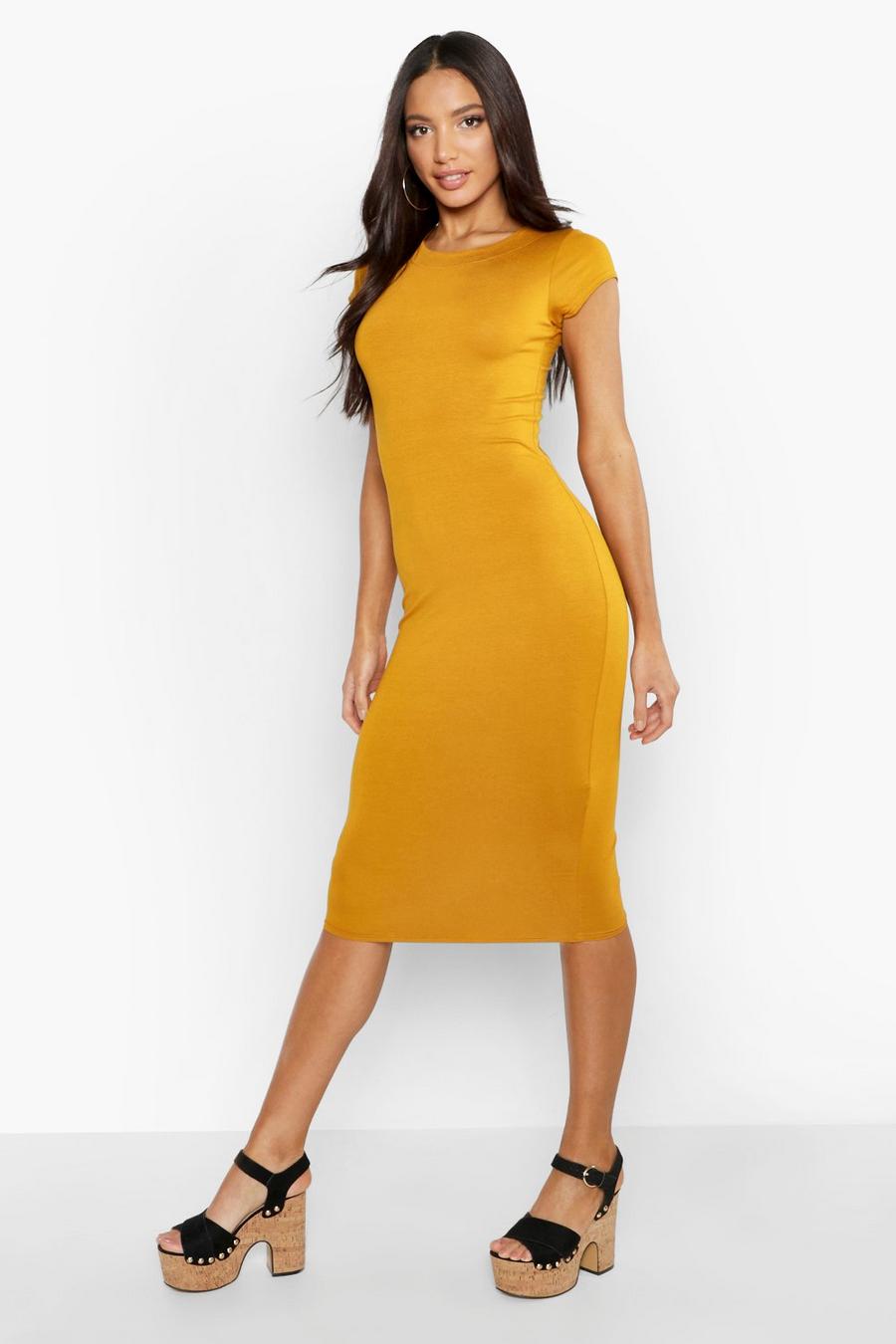 Mustard Basics Cap Sleeve Jersey Bodycon Midi Dress image number 1