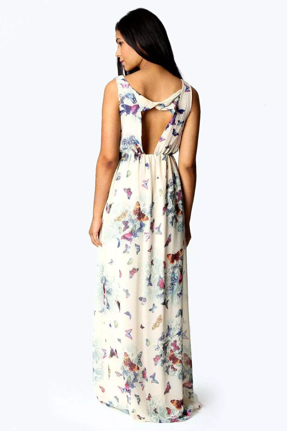 Fionna Chiffon Butterfly Print Open Back Maxi Dress