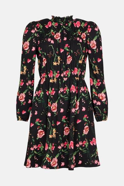Oasis black Floral Print Crinkle Shirred Skater Dress