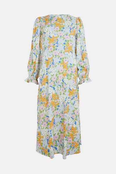 Oasis blue Shirred Cuff Meadow Floral Print Midi Dress