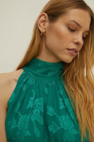 Oasis bright green Floral Satin Burnout Halter Neck Midi Dress