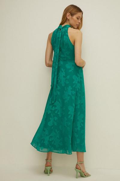 Oasis bright green Floral Satin Burnout Halter Neck Midi Dress