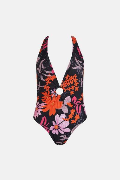 Oasis black Retro Floral Plunge Hoop Swimsuit