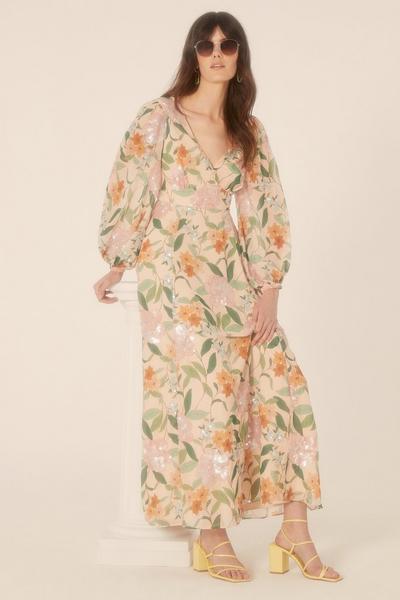 Oasis nude Sequin Floral V Neck Midi Dress