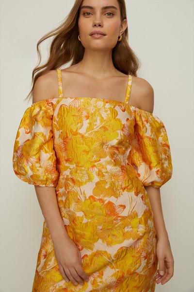 Oasis gold Floral Jacquard Bardot Strap Aline Dress