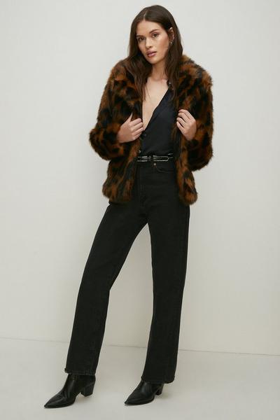 Oasis brown Animal Faux Fur Short Collared Coat