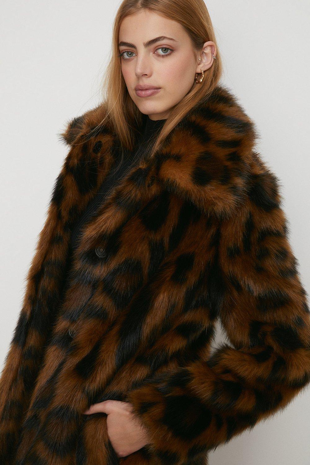 Oasis Rachel Stevens Collared Longline Animal Faux Fur Coat | Debenhams