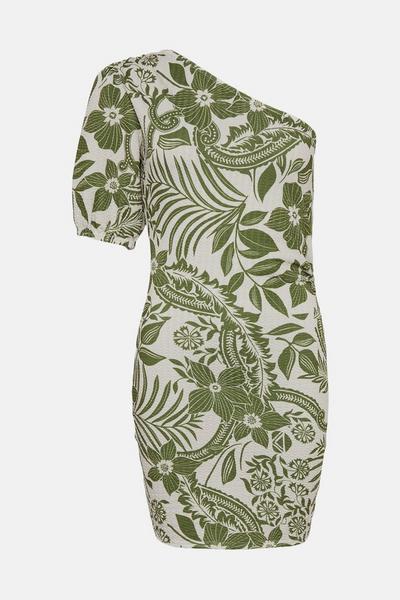 Oasis khaki Textured Floral Print One Sleeve Mini Dress