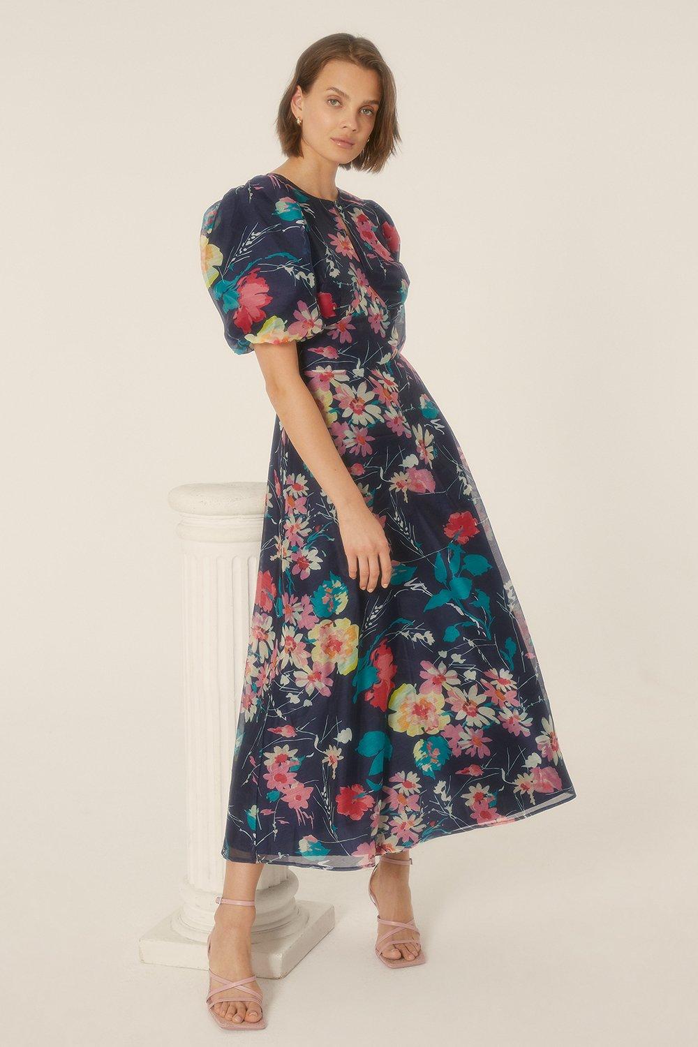 Dresses | Floral Daisy Organza Keyhole Midi Dress | Oasis